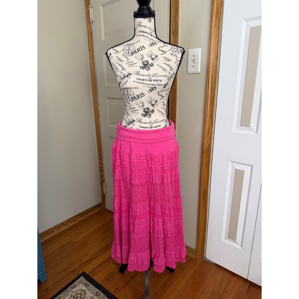 Bohemian Crochet Feminine Lace Tiered Cotton Maxi Skirt Peasant LG Cute Options